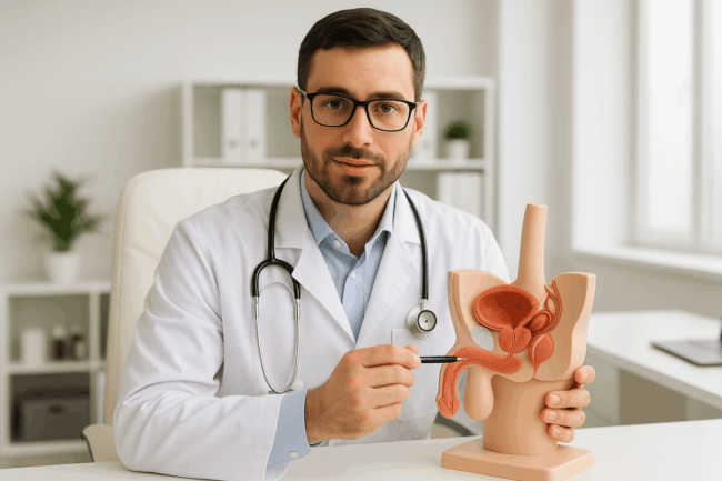 Urólogo andrólogo explicando la anatomía masculina en consulta en Granada