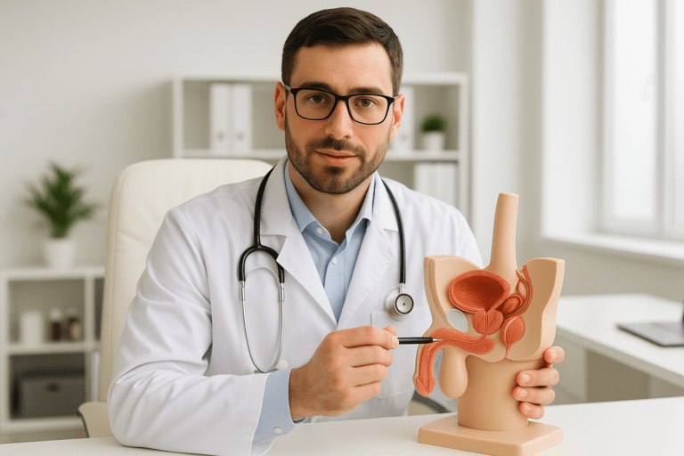 Urólogo andrólogo explicando la anatomía masculina en consulta en Granada